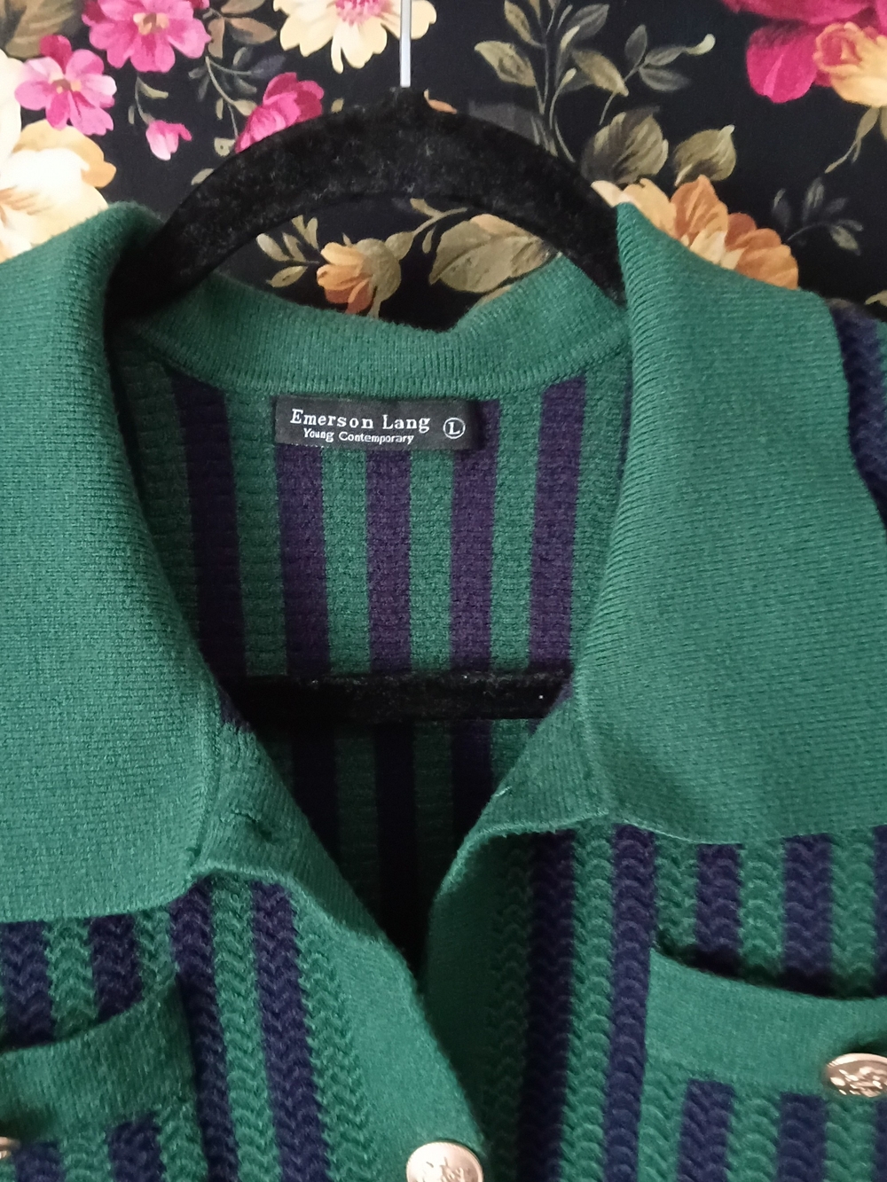 Emerson Lang Green & Navy Striped Button-Front Sweater Jacket - Picture 9 of 9